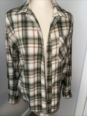 Olive Green & Cream Plaid Flannel Button-Up Shirt